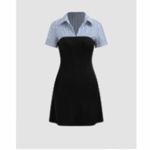 Cider - Cotton-blend Collar Striped Short Sleeve Mini Dress